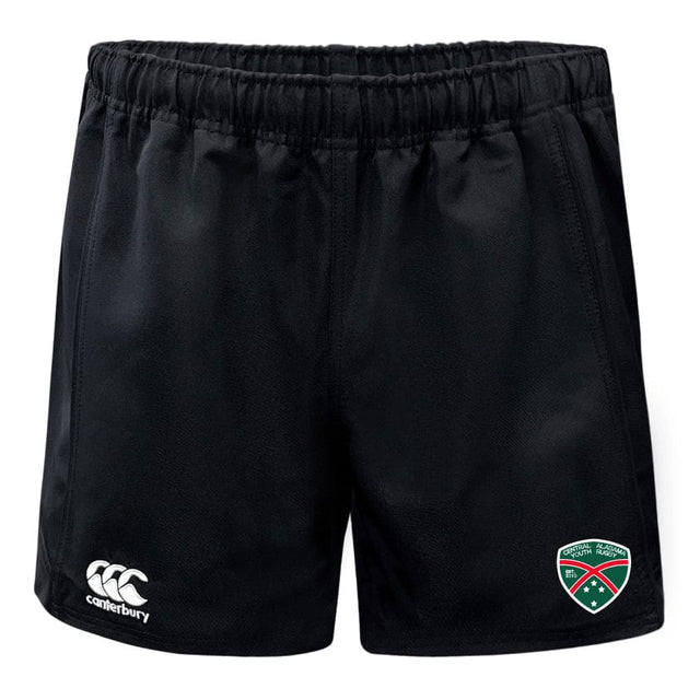 The Central Alabama Youth Rugby Player's Drill Short by EMB Canterbury features a black design with a logo on the right leg, an elastic waistband, and the Canterbury brand logo on the left. Made from recycled fabric, these durable athletic shorts ensure both performance and sustainability.