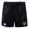 The Central Alabama Youth Rugby Player's Drill Short by EMB Canterbury features a black design with a logo on the right leg, an elastic waistband, and the Canterbury brand logo on the left. Made from recycled fabric, these durable athletic shorts ensure both performance and sustainability.