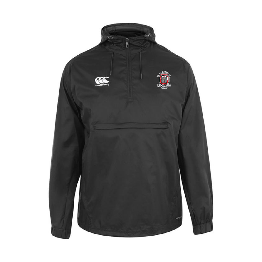 The Crescent City Rougaroux Packaway Jacket by EMB Canterbury is a black men's hooded jacket with the Canterbury logo on the right chest, a sports team crest on the left, water resistance, front pouch pocket, and elastic cuffs.
