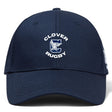The Clover Middle School Flexfit Drill Cap by Canterbury, from EMB Canterbury, is a navy blue cap with a curved brim and an embroidered "Clover Rugby" logo featuring a stylized eagle on the front.
