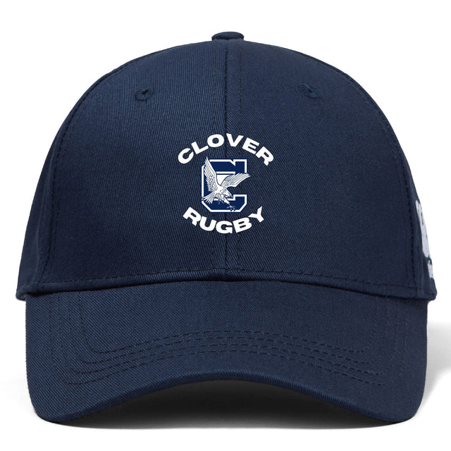 The Clover Middle School Flexfit Drill Cap by Canterbury, from EMB Canterbury, is a navy blue cap with a curved brim and an embroidered "Clover Rugby" logo featuring a stylized eagle on the front.