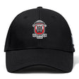 The Crescent City Rougaroux Flexfit Drill Cap by Canterbury from EMB Canterbury is a black baseball hat featuring a wolf logo on the front and a stylish curved brim.