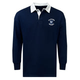 The EMB Mudoo Clover Middle School Classic Long Sleeve Solid Rugby Jersey features a navy blue design, white collar, and "Clover Rugby" logo on the left chest—perfect for a timeless rugger style.