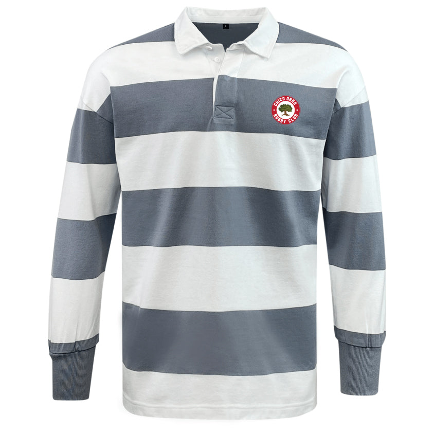 The Chico Oaks Classic Long Sleeve Hooped Rugby Jersey by EMB Mudoo is ideal for leisurewear, featuring wide gray and white stripes and a nostalgic small circular red logo on the left chest.