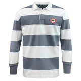 The Chico Oaks Classic Long Sleeve Hooped Rugby Jersey by EMB Mudoo is ideal for leisurewear, featuring wide gray and white stripes and a nostalgic small circular red logo on the left chest.