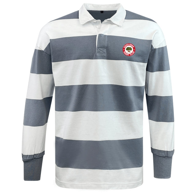 The Chico Oaks Classic Long Sleeve Hooped Rugby Jersey by EMB Mudoo is ideal for leisurewear, featuring wide gray and white stripes and a nostalgic small circular red logo on the left chest.