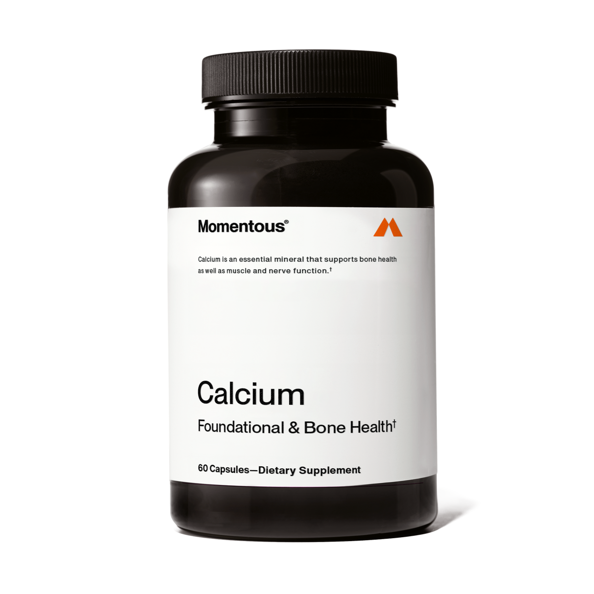Momentous Calcium is a dietary supplement in a black bottle labeled "Calcium Foundational & Bone Health," containing 60 capsules of absorbable calcium to support bone strength.