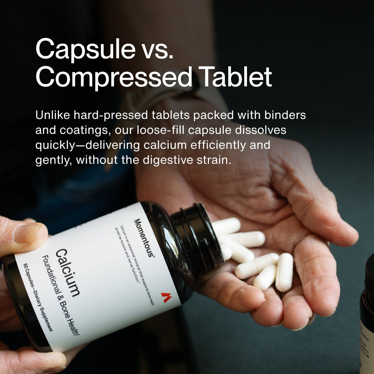A hand holds several white Momentous Calcium capsules while another holds an open bottle with capsules spilling out. Text compares capsules to tablets, noting they deliver highly absorbable calcium that supports bone strength.