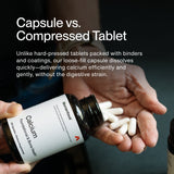 A hand holds several white Momentous Calcium capsules while another holds an open bottle with capsules spilling out. Text compares capsules to tablets, noting they deliver highly absorbable calcium that supports bone strength.