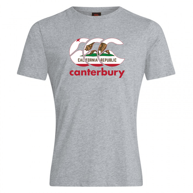 The WRS Canterbury California CCC Flag Club T-shirt features a stylized CCC logo with the California bear flag and "canterbury" below—ideal for rugby fans to show state pride.