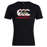 The Canterbury California CCC Flag Club T-shirt by WRS Canterbury is a black short-sleeve tee with the iconic logo, a California Republic bear flag design, and bold red "canterbury" text on the front—celebrate rugby state pride in style.