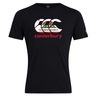 The Canterbury California CCC Flag Club T-shirt by WRS Canterbury is a black short-sleeve tee with the iconic logo, a California Republic bear flag design, and bold red "canterbury" text on the front—celebrate rugby state pride in style.