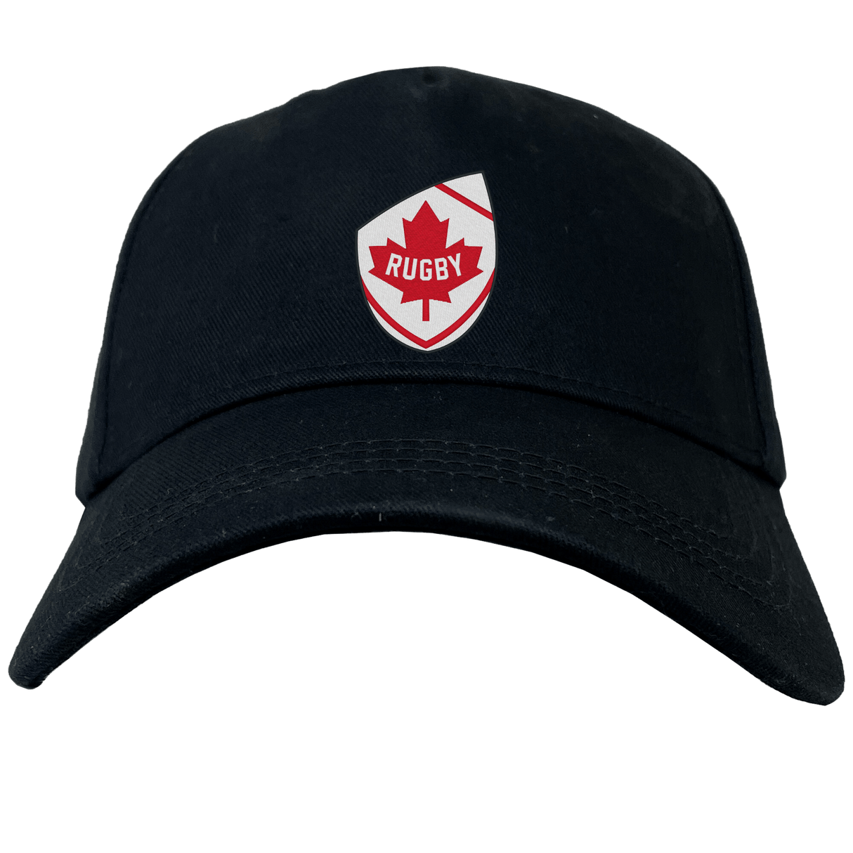 Presenting the Canada Shield Flex Drill Cap by EMB Canterbury: a stylish black cap featuring a bold badge with a red maple leaf and "Rugby." Ideal for any Canadian rugby fan's collection, it's the epitome of style and patriotism.