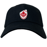 Presenting the Canada Shield Flex Drill Cap by EMB Canterbury: a stylish black cap featuring a bold badge with a red maple leaf and "Rugby." Ideal for any Canadian rugby fan's collection, it's the epitome of style and patriotism.