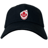 Presenting the Canada Shield Flex Drill Cap by EMB Canterbury: a stylish black cap featuring a bold badge with a red maple leaf and "Rugby." Ideal for any Canadian rugby fan's collection, it's the epitome of style and patriotism.