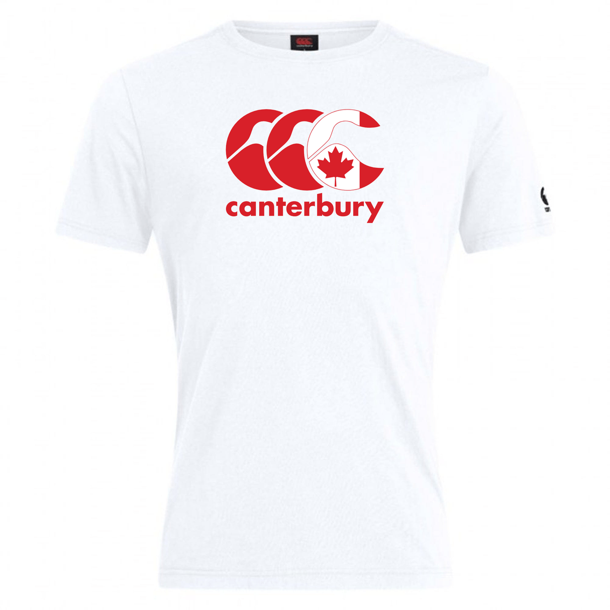 The Canterbury Canada CCC Flag Club T-Shirt by WRS Canterbury features a red logo with stylized waves and a maple leaf, crafted from a cotton-rich blend for comfort.