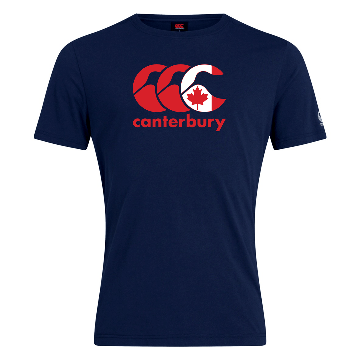 Navy blue Canterbury Canada CCC Flag Club T-Shirt by WRS Canterbury, featuring a red and white logo with a maple leaf, crafted from a cotton-rich blend for superior comfort.