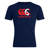 Navy blue Canterbury Canada CCC Flag Club T-Shirt by WRS Canterbury, featuring a red and white logo with a maple leaf, crafted from a cotton-rich blend for superior comfort.
