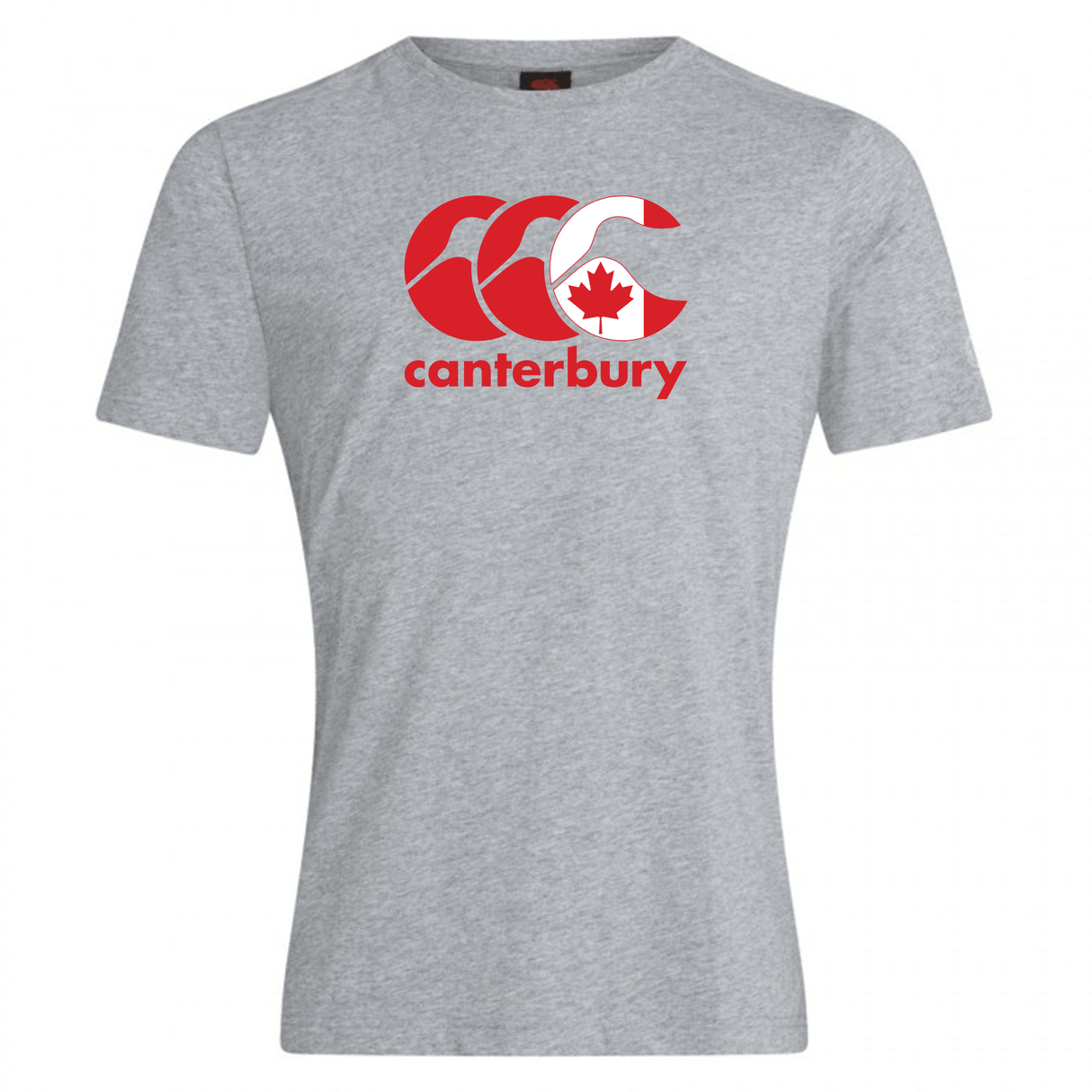 The Canterbury Canada CCC Flag Club T-Shirt by WRS Canterbury showcases a gray shade with bold red branding and a central Canadian maple leaf design.