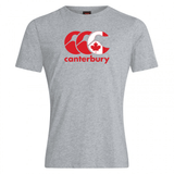 The Canterbury Canada CCC Flag Club T-Shirt by WRS Canterbury showcases a gray shade with bold red branding and a central Canadian maple leaf design.