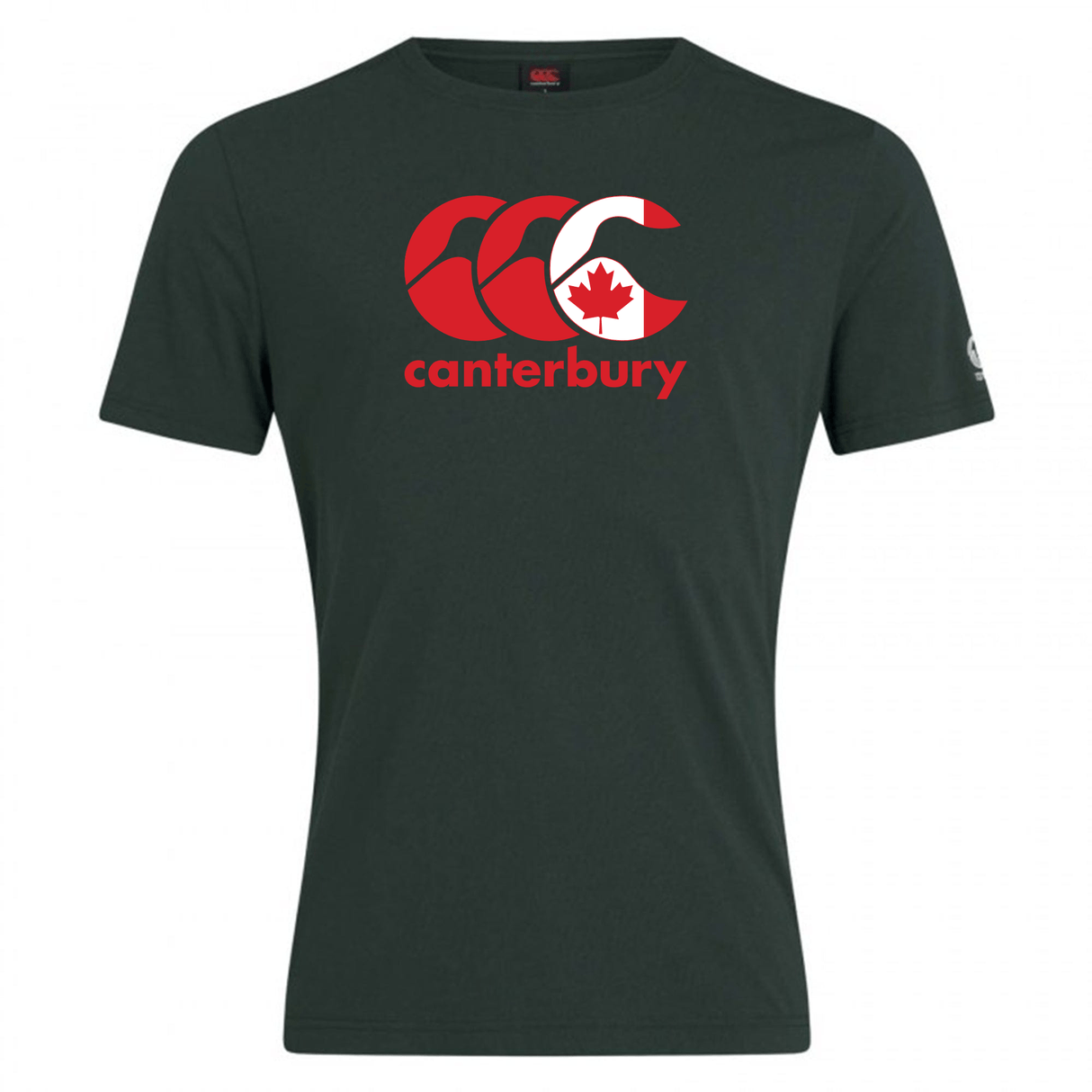 The Canterbury Canada CCC Flag Club T-Shirt by WRS Canterbury features a dark green color and a red and white logo with a maple leaf on the chest. Made from a cotton-rich blend, it offers comfort, durability, and iconic branding.