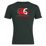 The Canterbury Canada CCC Flag Club T-Shirt by WRS Canterbury features a dark green color and a red and white logo with a maple leaf on the chest. Made from a cotton-rich blend, it offers comfort, durability, and iconic branding.