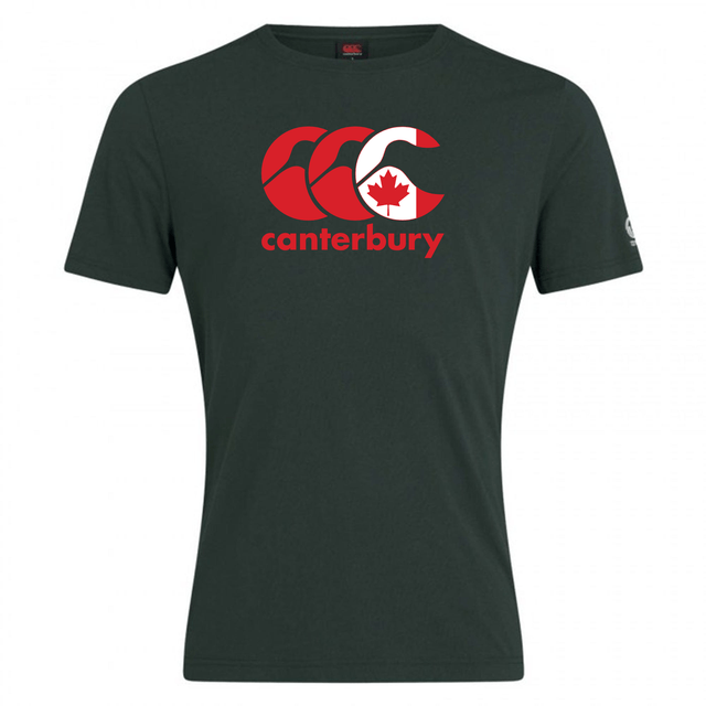 The Canterbury Canada CCC Flag Club T-Shirt by WRS Canterbury features a dark green color and a red and white logo with a maple leaf on the chest. Made from a cotton-rich blend, it offers comfort, durability, and iconic branding.