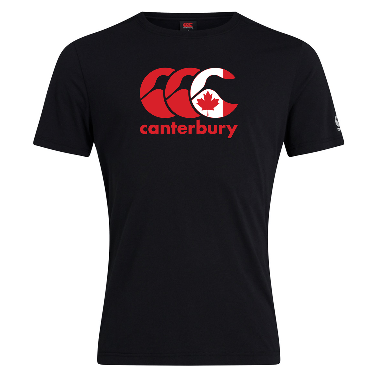 The Canterbury Canada CCC Flag Club T-Shirt by WRS Canterbury is made from a comfy cotton blend and features a red and white "Canterbury Kiwi Logo" with a maple leaf design on the front.