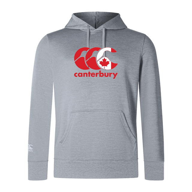 The WRS Canterbury CCC Club Lightweight Hoodie is a light gray hoodie featuring a red CCC logo with a maple leaf on the chest, showcasing the Canterbury Canada spirit.