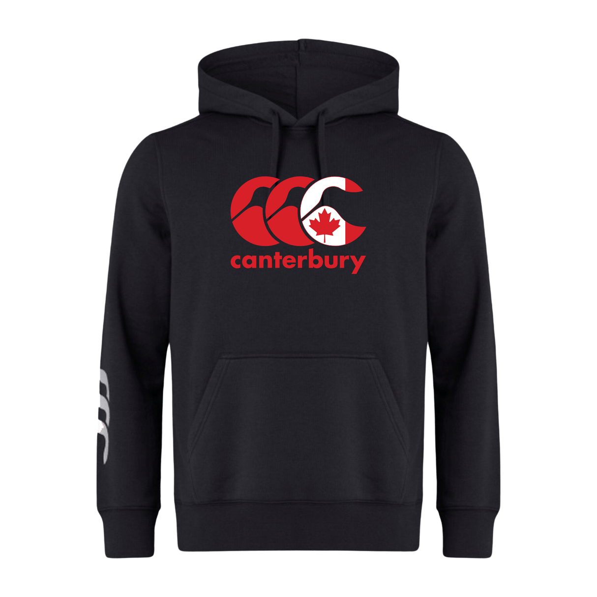 The Canterbury Canada CCC Flag Club Hoodie from WRS Canterbury is made of sweatshirt fleece, features "canterbury" with a red logo and stylized maple leaf on the chest, and includes white graphic sleeve branding on the left arm.