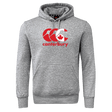 The Canterbury Canada CCC Flag Club Hoodie from WRS Canterbury showcases a gray design with a bold red logo and maple leaf on the chest, complemented by sleeve branding. This sweatshirt fleece merges style and comfort effortlessly.