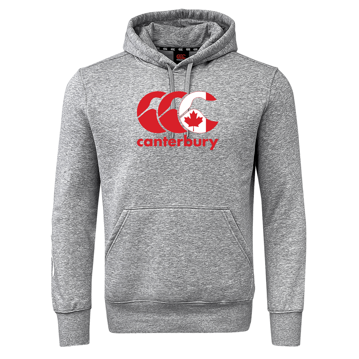 The Canterbury Canada CCC Flag Club Hoodie from WRS Canterbury showcases a gray design with a bold red logo and maple leaf on the chest, complemented by sleeve branding. This sweatshirt fleece merges style and comfort effortlessly.