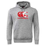 The Canterbury Canada CCC Flag Club Hoodie from WRS Canterbury showcases a gray design with a bold red logo and maple leaf on the chest, complemented by sleeve branding. This sweatshirt fleece merges style and comfort effortlessly.