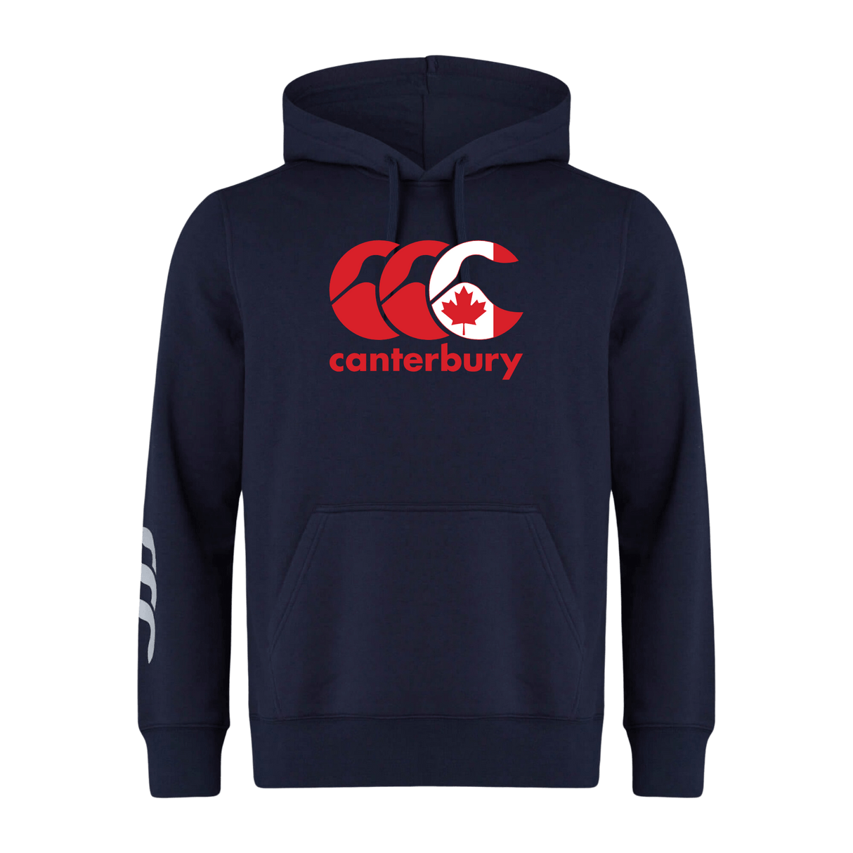 The Canterbury Canada CCC Flag Club Hoodie in navy by WRS Canterbury features sleeve branding and a bold red maple leaf logo. Made from soft sweatshirt fleece, it also has a striking white graphic on the left sleeve for added style.
