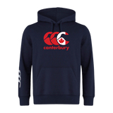 The Canterbury Canada CCC Flag Club Hoodie in navy by WRS Canterbury features sleeve branding and a bold red maple leaf logo. Made from soft sweatshirt fleece, it also has a striking white graphic on the left sleeve for added style.