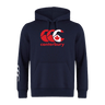 The Canterbury Canada CCC Flag Club Hoodie in navy by WRS Canterbury features sleeve branding and a bold red maple leaf logo. Made from soft sweatshirt fleece, it also has a striking white graphic on the left sleeve for added style.