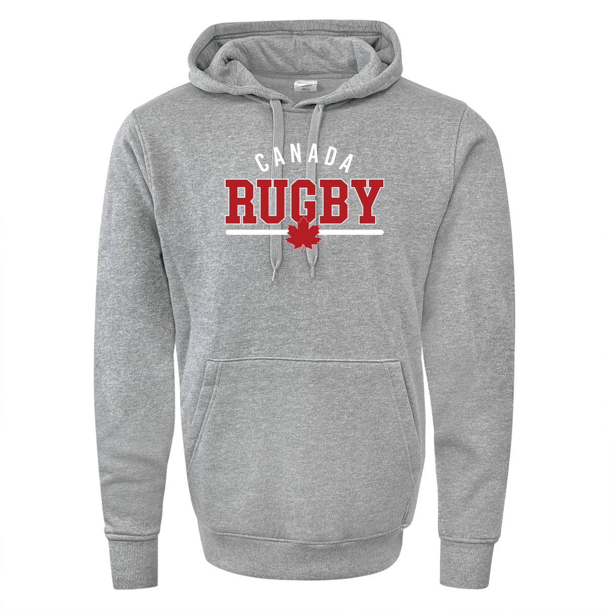 The Nations of Rugby Canada Wordmark 60/40 Pullover Hoodie by WRS Augusta is a gray pullover showcasing the "Rugby Canada" wordmark and a red maple leaf emblem in the center.
