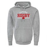 The Nations of Rugby Canada Wordmark 60/40 Pullover Hoodie by WRS Augusta is a gray pullover showcasing the "Rugby Canada" wordmark and a red maple leaf emblem in the center.