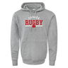 The Nations of Rugby Canada Wordmark 60/40 Pullover Hoodie by WRS Augusta is a gray pullover showcasing the "Rugby Canada" wordmark and a red maple leaf emblem in the center.