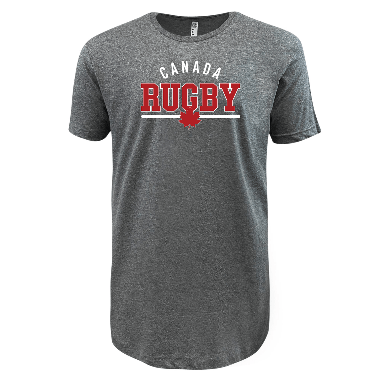 The Nations of Rugby Canada Wordmark Supersoft Tee by WRS LAT is a gray, ultrasoft t-shirt featuring the "Canada Rugby" wordmark in white and red, with a red maple leaf beneath the text.
