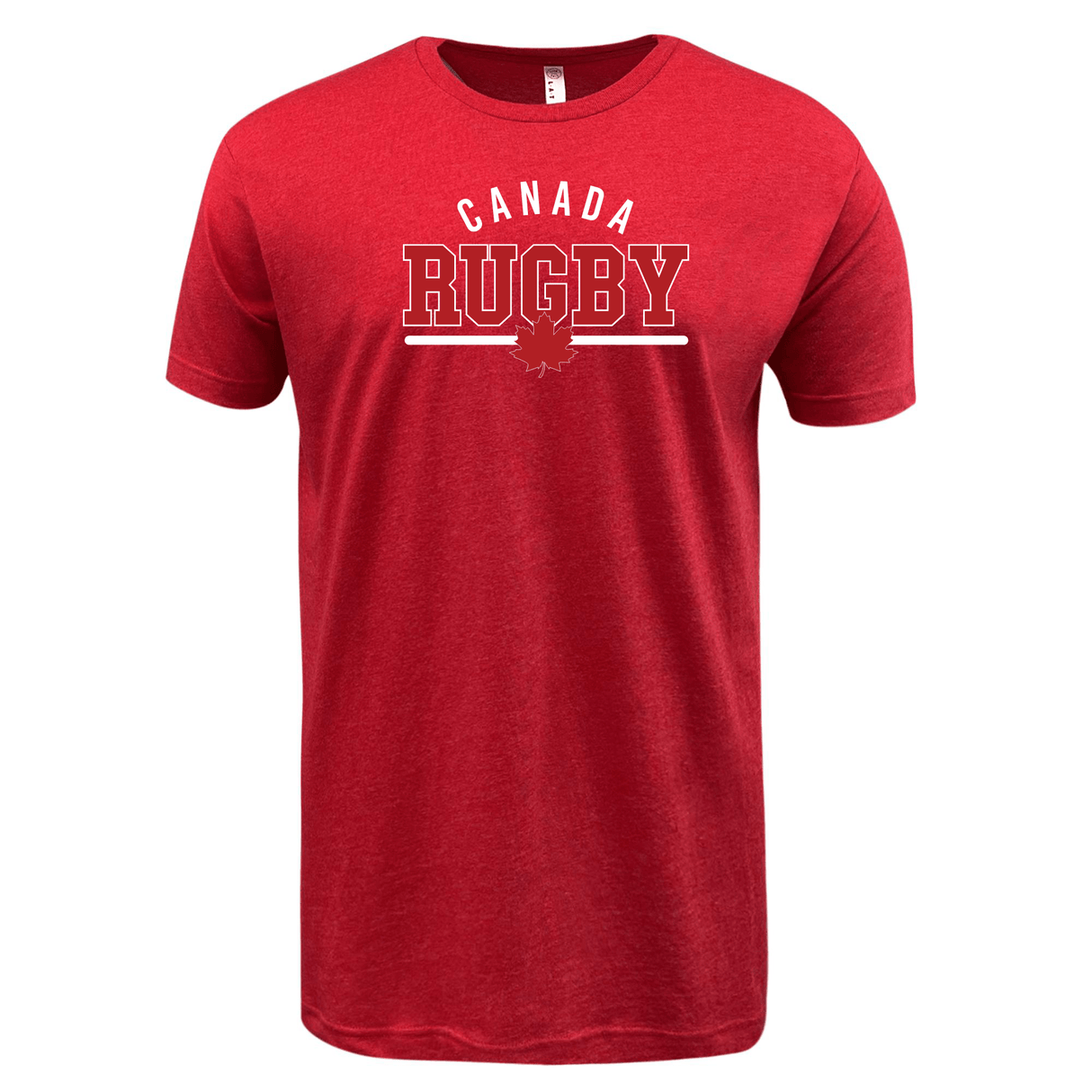 The Nations of Rugby Canada Wordmark Supersoft Tee by WRS LAT is a red tee that showcases a white "Canada Rugby" wordmark with a maple leaf graphic beneath the text on the front.