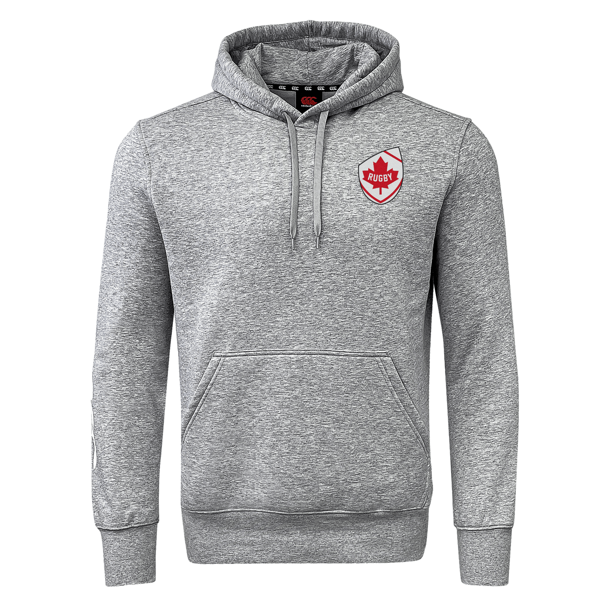 The EMB Canterbury Gray Hooded Sweatshirt, named the Canada Shield Club Hoodie, is crafted from premium fleece and features a front pocket and an embroidered shield with a red rugby emblem on the left chest, effortlessly blending comfort with style.