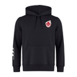The EMB Canterbury Canada Shield Club Hoodie is black, featuring a drawstring hood, embroidered red shield logo on the chest, and a white design on the left sleeve. Crafted from premium sweatshirt fleece for superior comfort and style.