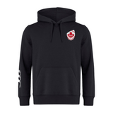 The EMB Canterbury Canada Shield Club Hoodie is black, featuring a drawstring hood, embroidered red shield logo on the chest, and a white design on the left sleeve. Crafted from premium sweatshirt fleece for superior comfort and style.