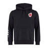 The EMB Canterbury Canada Shield Club Hoodie is black, featuring a drawstring hood, embroidered red shield logo on the chest, and a white design on the left sleeve. Crafted from premium sweatshirt fleece for superior comfort and style.