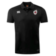 The EMB Canterbury Canada Shield Club Dry Polo is a black short-sleeve rugby shirt with a white logo, Canada maple leaf badge, and Vapodri Technology for superior comfort.