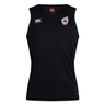 The EMB Canterbury Canada Shield Club Dry Singlet is a sleeveless black rugby tank featuring a white logo on the right chest, a red maple leaf shield emblem on the left, and enhanced comfort with Vapodri Technology.