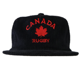 The EMB Weld Nations of Rugby Canada Corduroy Field Trip Cap features "CANADA RUGBY" and a red maple leaf embroidered on the front—perfect for showing your support in style.