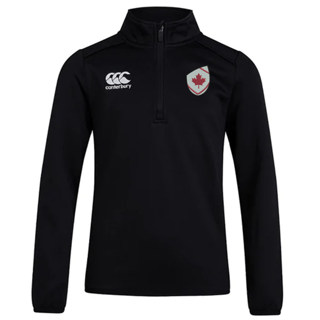 The Canterbury Canada Club Shield 1/4 Zip Training Top by EMB Canterbury is a black long-sleeve bonded fleece top with Canterbury and maple leaf shield logos on the chest—official Canada rugby training gear.