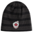 The EMB Canterbury Canada Shield Beanie features black and grey stripes and a shield patch with a red maple leaf—ideal for rugby supporters.